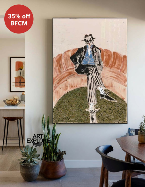 Vintage Style Oil Painting | Striped Suit Lounge Art | ArtExplore Large Canvas