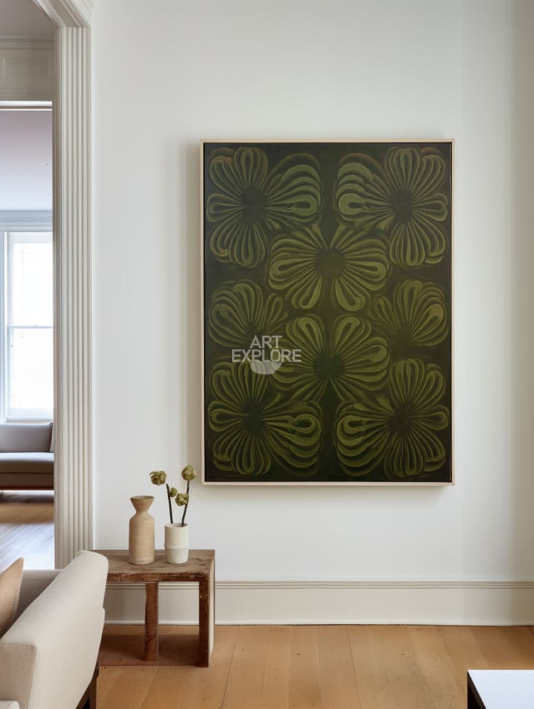 Wabi-Sabi Boho Floral Wall Art, Dark Green Handmade Canvas | ArtExplore