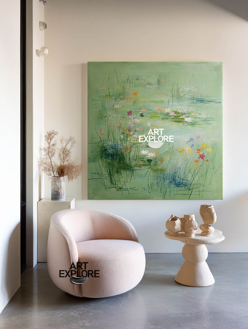 Wabi-Sabi Lotus Pond Painting | Large Square Wall Art | ArtExplore