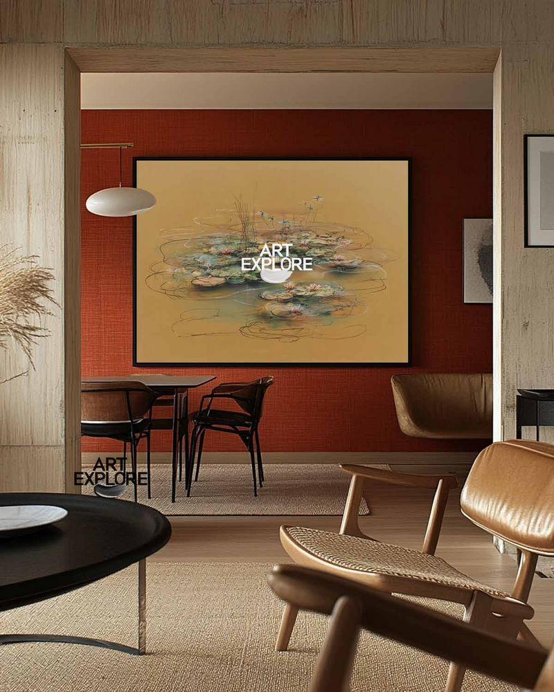 Wabi-Sabi Lotus Pond Painting – Large Wall Decor for Office or Lounge