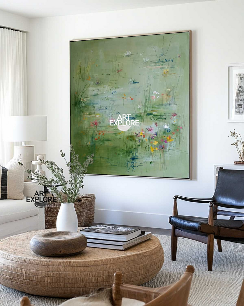 Wabi-Sabi Lotus Pond Painting | Square Green Art for Modern Interiors