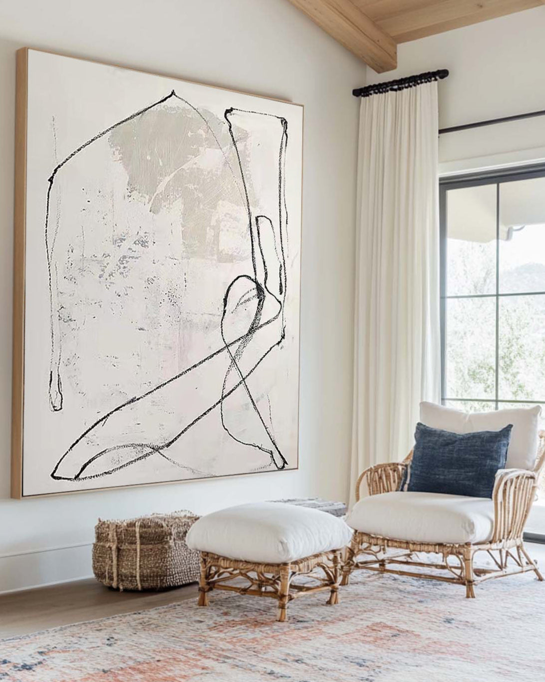Wabi-Sabi White Minimalist Canvas – Hand-Painted Black Line Abstract Art – ArtExplore