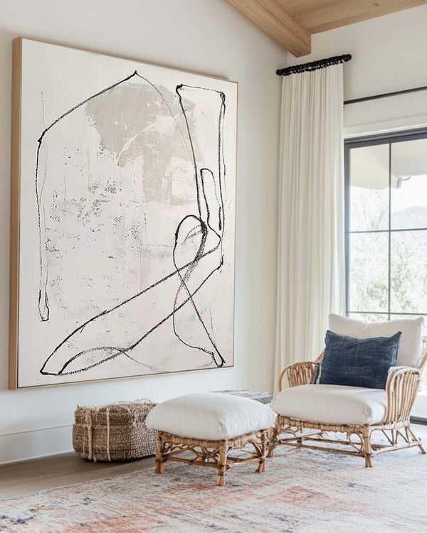 Wabi-Sabi White Minimalist Canvas – Hand-Painted Black Line Abstract Art – ArtExplore