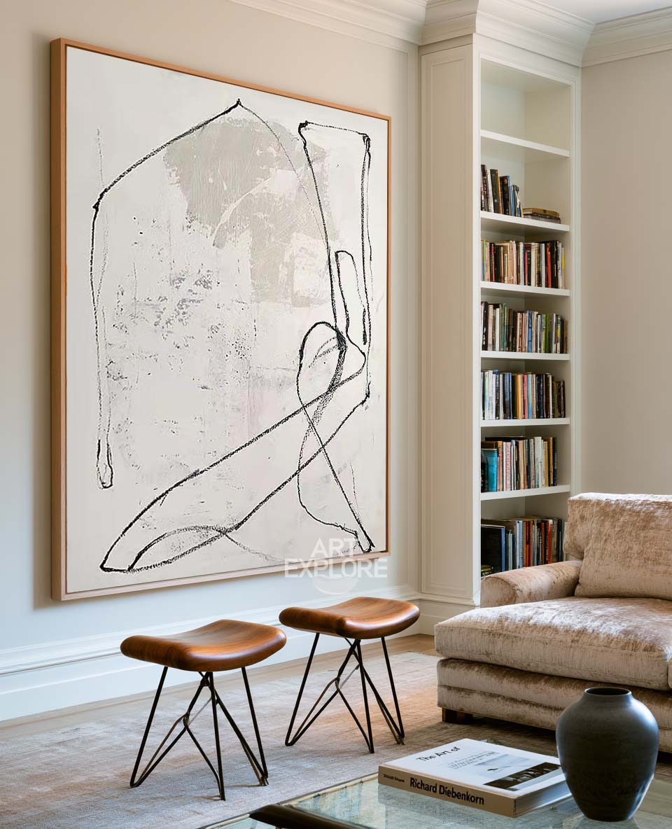Wabi-Sabi White Minimalist Canvas – Hand-Painted Black Line Abstract Art For Sale – ArtExplore