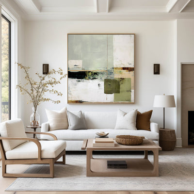 Wabi-sabi Green Painting Sage Textured Artwork Large Handcrafted Abstract Canvas Art  For Livingroom