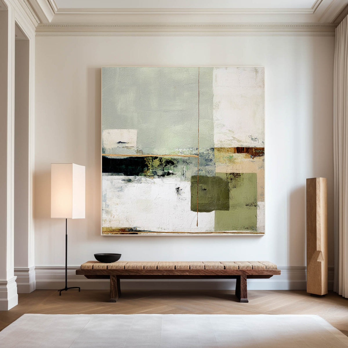 Wabi-sabi Green Painting Sage Textured Artwork Large Handcrafted Abstract Canvas Art  For Livingroom