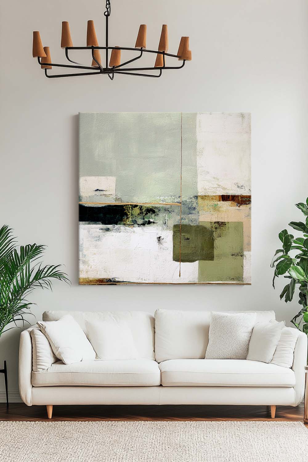 Wabi-sabi Green Painting Sage Textured Artwork Large Handcrafted Abstract Canvas Art  For Livingroom