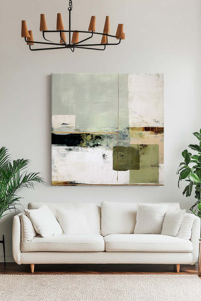 Wabi-sabi Green Painting Sage Textured Artwork Large Handcrafted Abstract Canvas Art  For Livingroom
