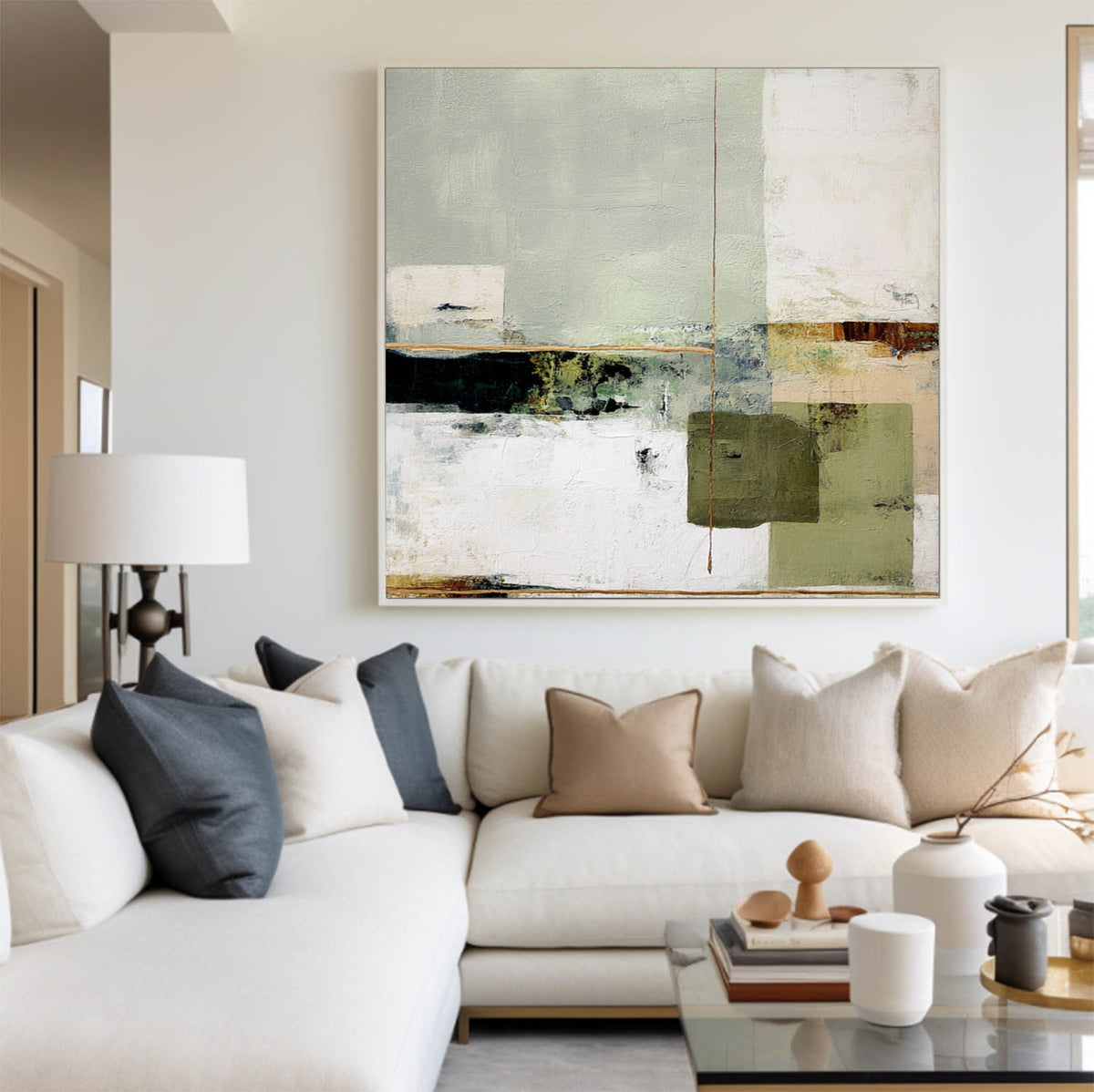 Wabi-sabi Green Painting Sage Textured Artwork Large Handcrafted Abstract Canvas Art  For Livingroom