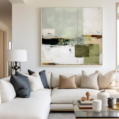 Wabi-sabi Green Painting Sage Textured Artwork Large Handcrafted Abstract Canvas Art  For Livingroom