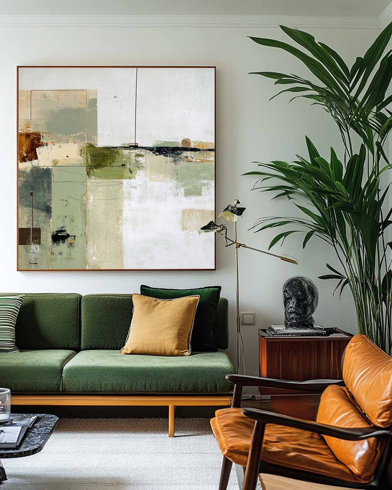 Wabi-sabi Green Painting Sage Textured Artworks Large Green Abstract Canvas Art Green Square Art