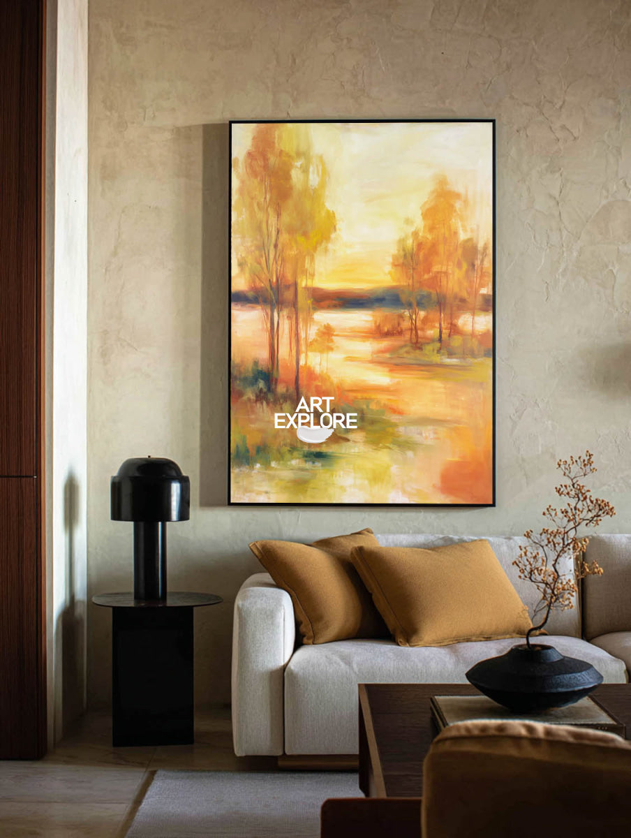 Golden Sunset Abstract Art Vertical Canvas Painting For Office Or Dining Room