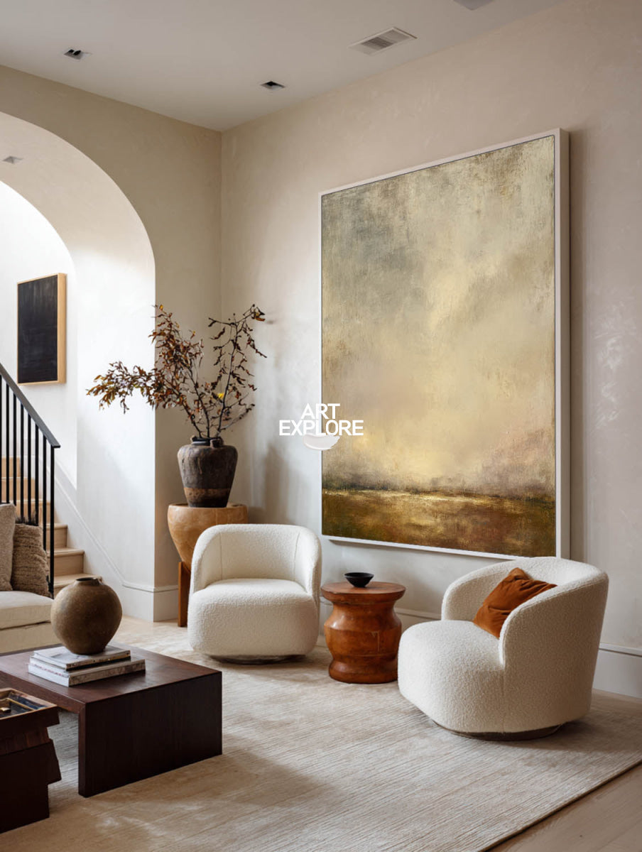 Minimalist Brown Landscape Painting With Earthy Tones For Contemporary Home Decor