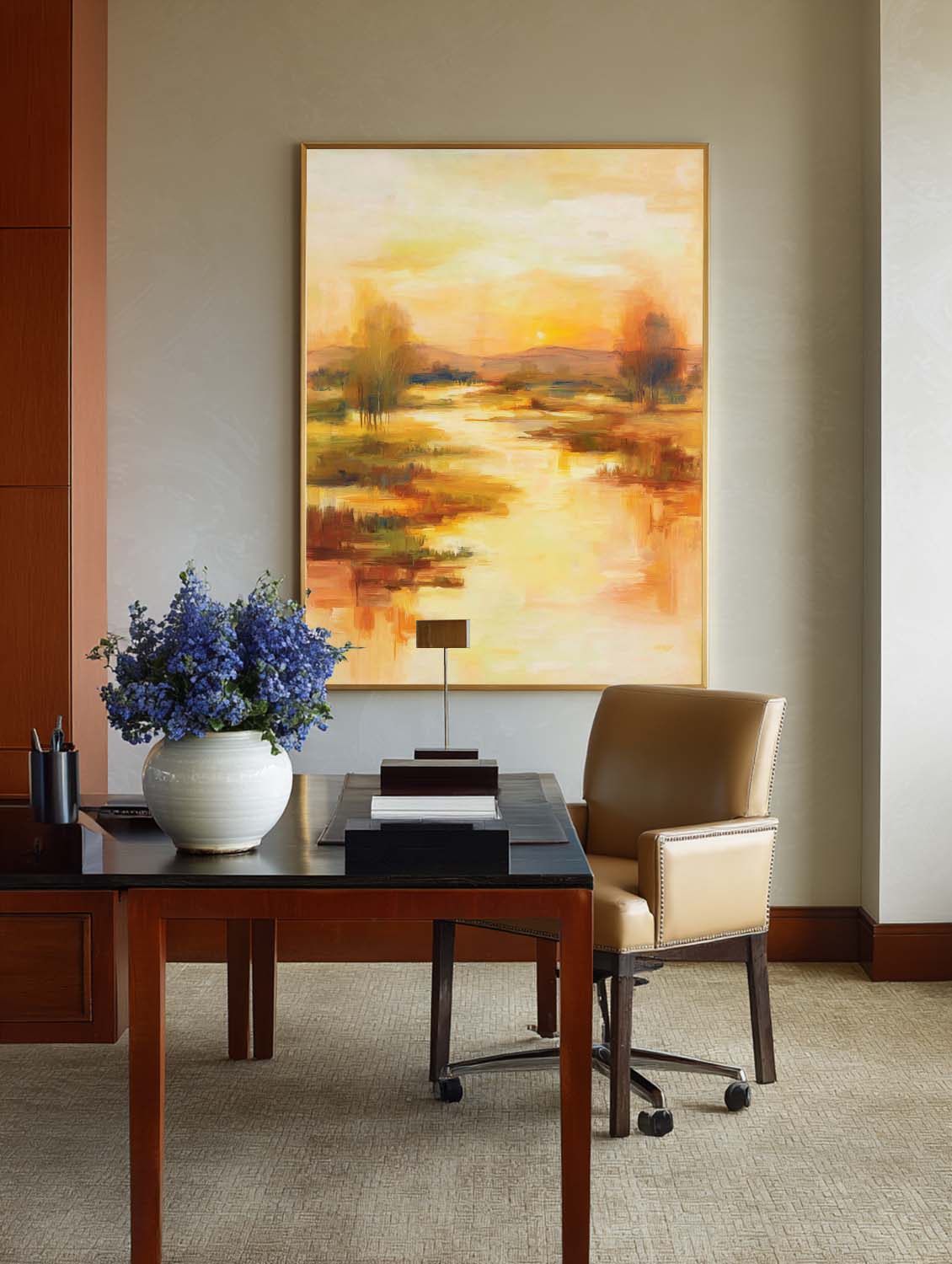 Golden Sunset Abstract Painting On Linen Canvas With Warm Tones For Modern Home Decor