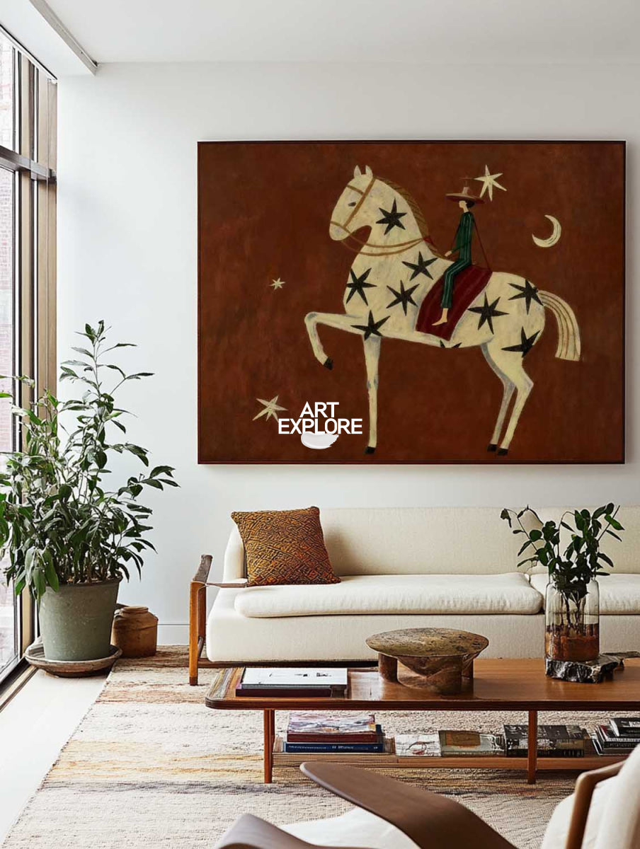 Folk Art Horse Painting With Stars And Moon For Living Room Decor