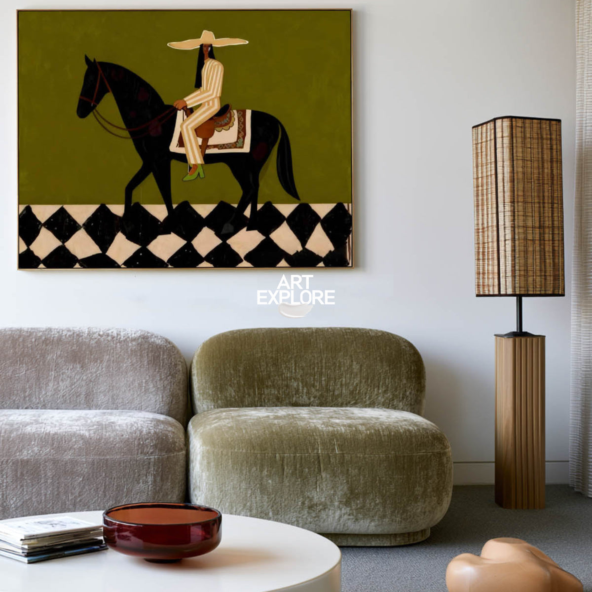 Stylized Black Horse And Rider Art Print Geometric Pattern Wall Decor For Entryway