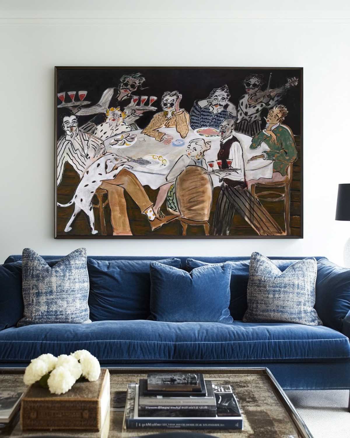 Whimsical Dining Scene Large Vintage Canvas – Handmade Black Artwork | ArtExplore