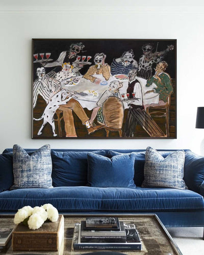 Whimsical Dining Scene Large Vintage Canvas – Handmade Black Artwork | ArtExplore