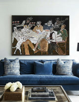 Whimsical Dining Scene Large Vintage Canvas – Handmade Black Artwork | ArtExplore