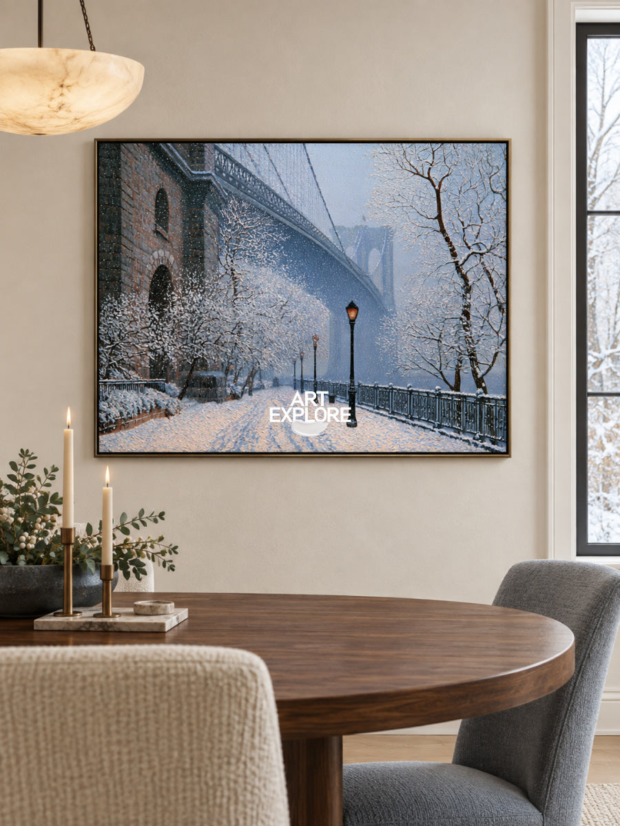 Realistic Blue And White Winter Painting Of City Architecture On Canvas