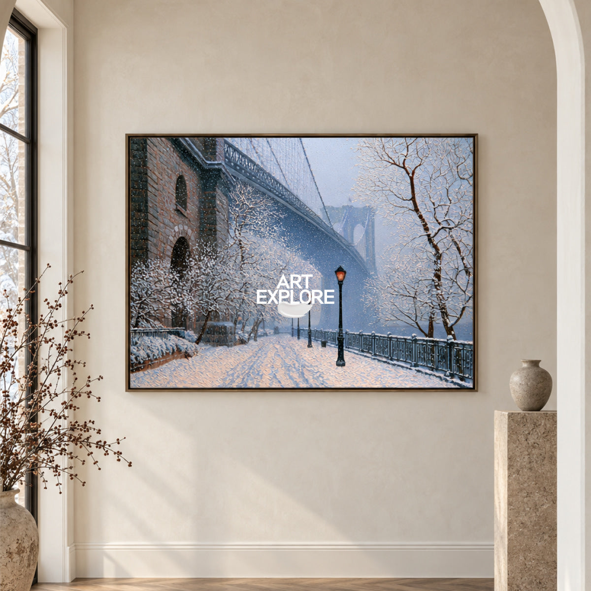 Realistic Blue And White Winter Painting Of City Architecture On Canvas
