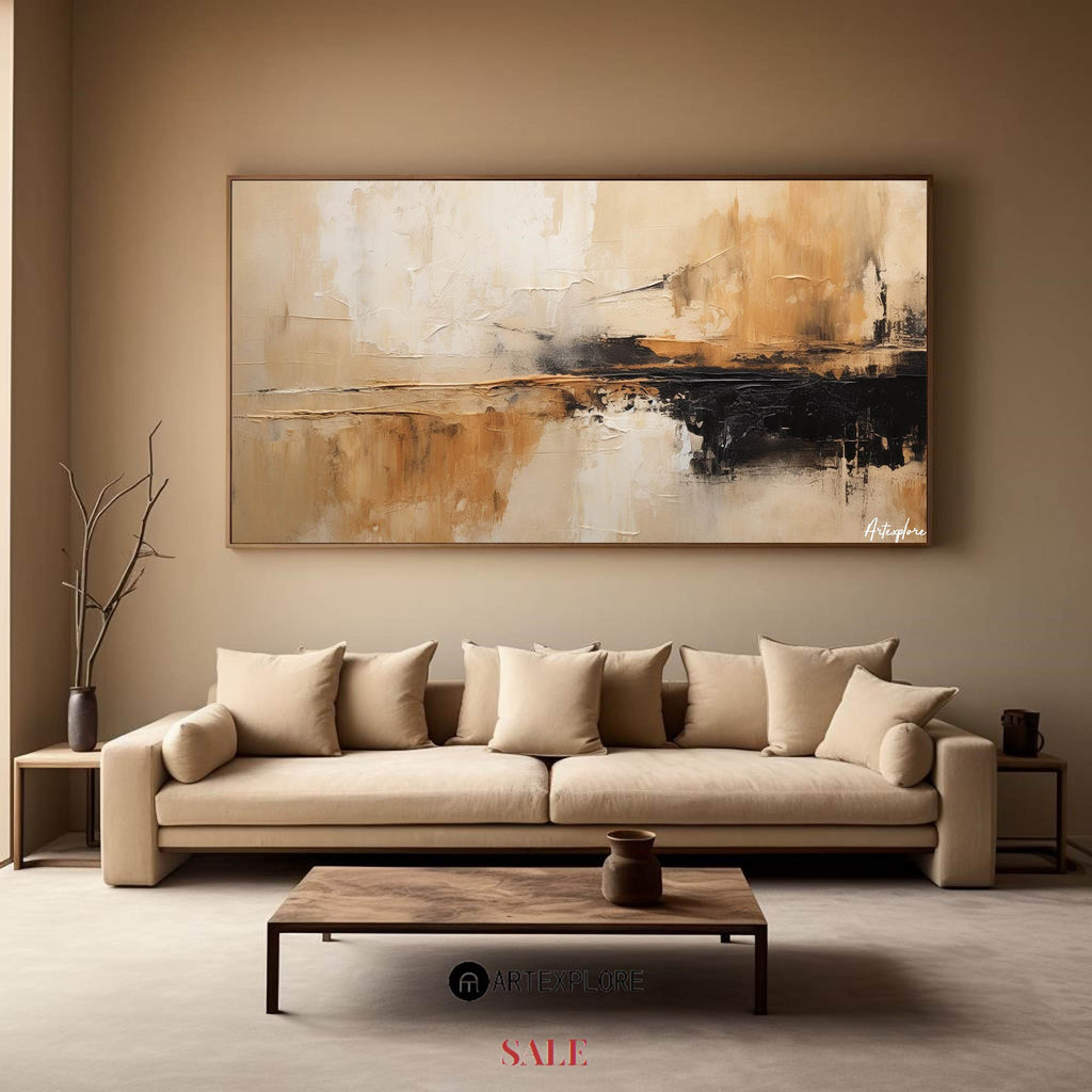 Modern large tan and brown abstract painting, black and beige acrylic ...