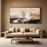 Wabi-sabi black beige canvas paintings, dark beige soft brush strokes painting for sale