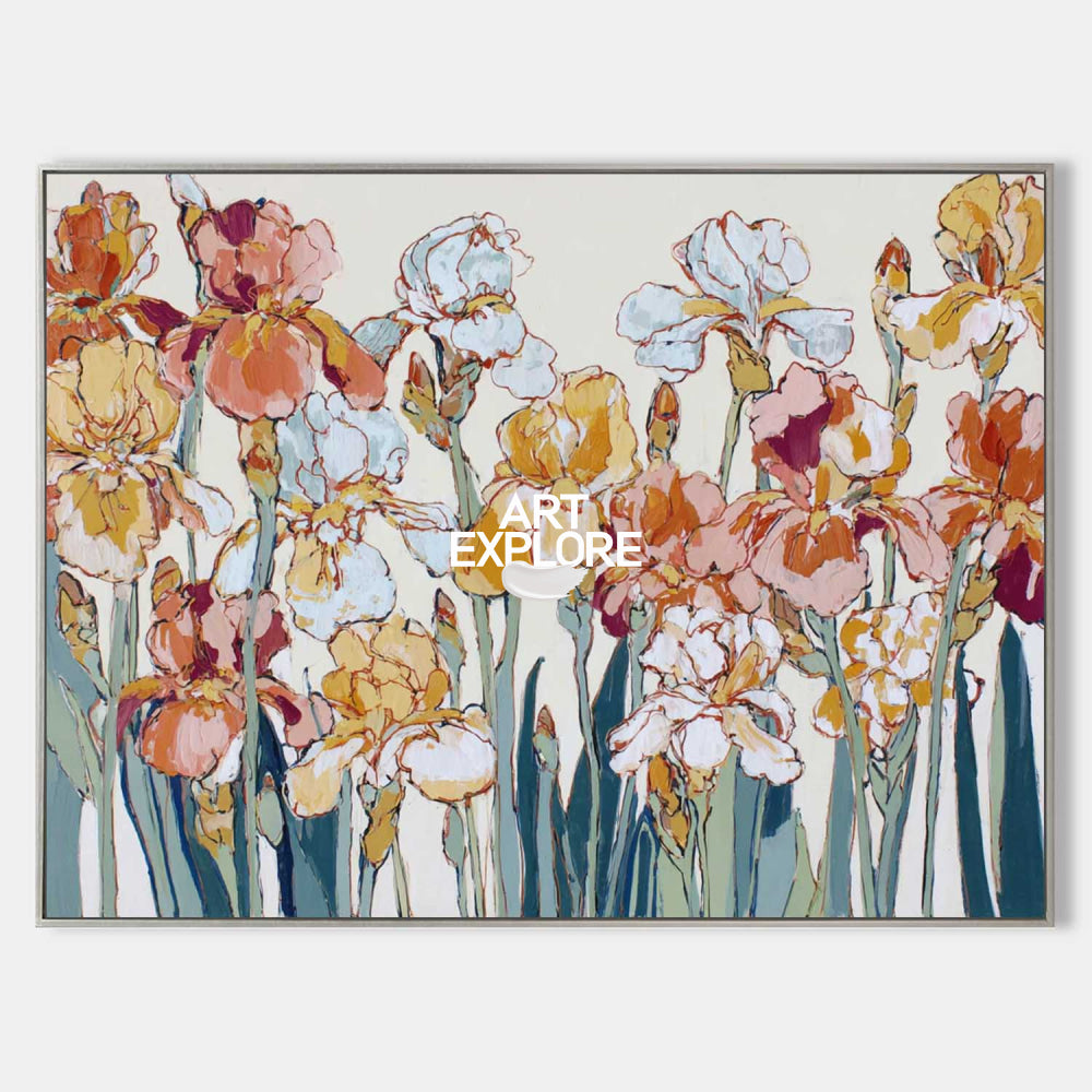 Modern Abstract Floral Art Painting With Teal Stems For Living Room Decor
