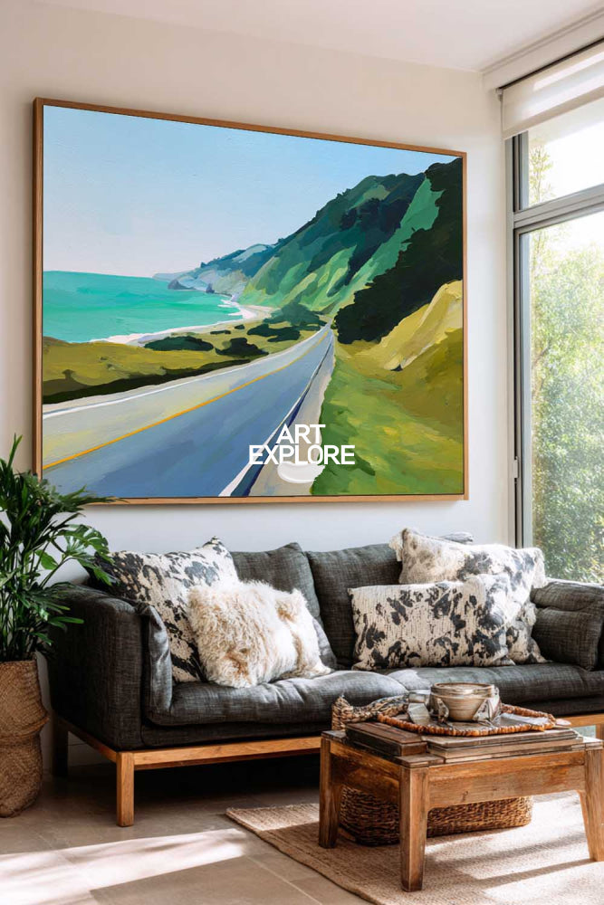 Abstract Coastal Road Landscape Painting With Ocean View For Modern Living Room Decor