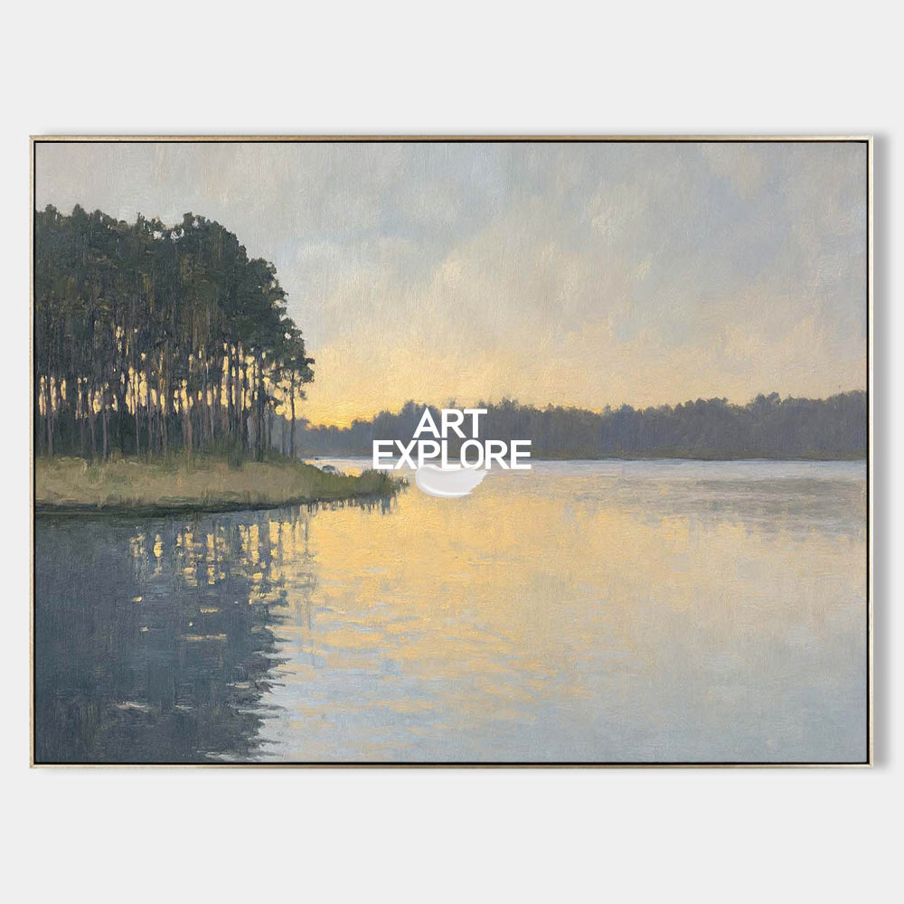 Serene Sunset Lake Painting With Forest Reflections For Modern Living Room Decor