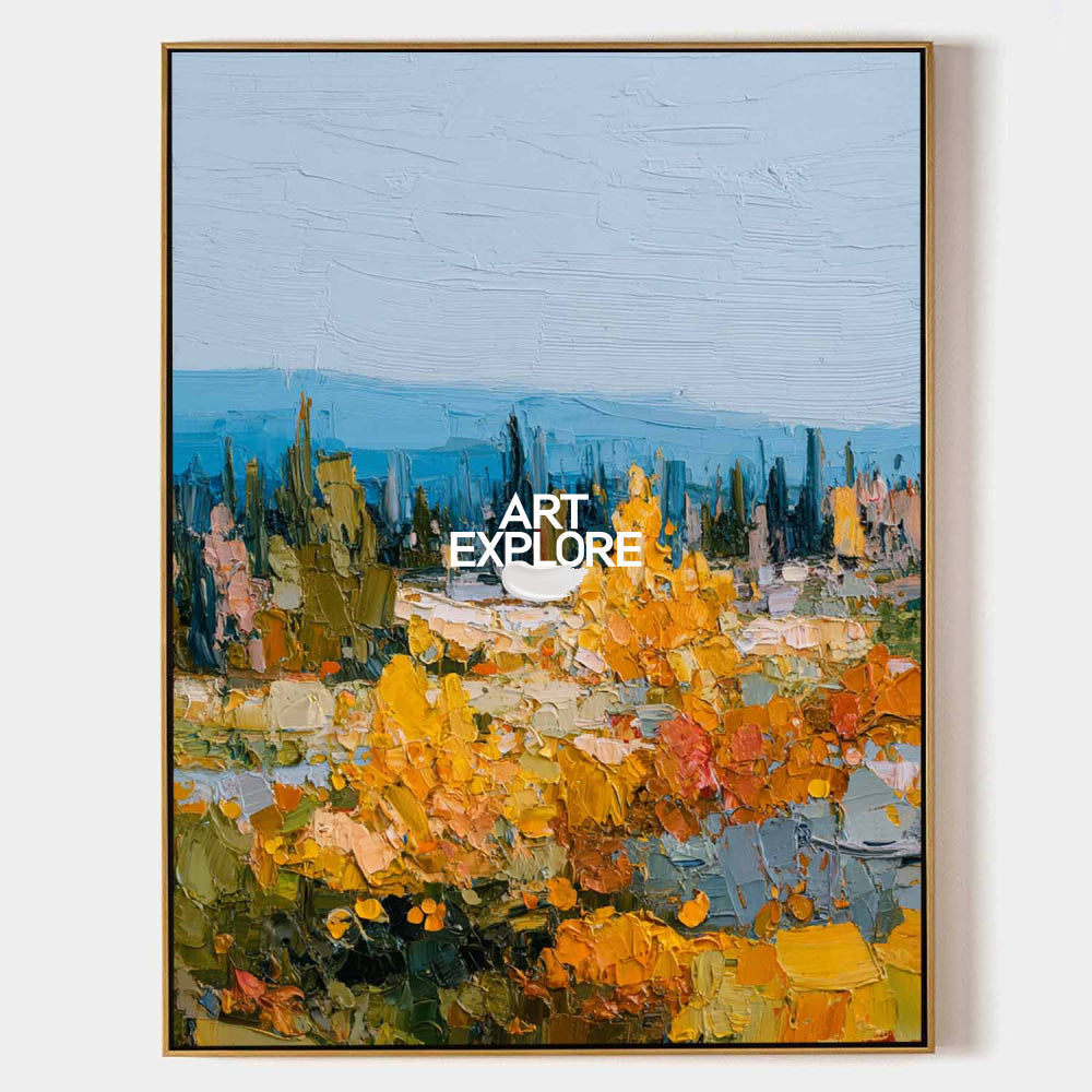 Golden Autumn Forest Landscape Oil Painting With Rich Texture For Living Room Decor