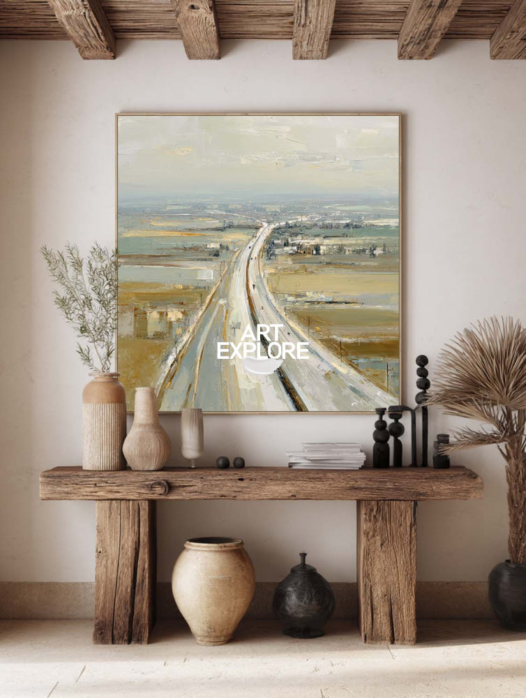 Abstract Highway Landscape Painting Textured Beige Grey Art For Modern Living Room