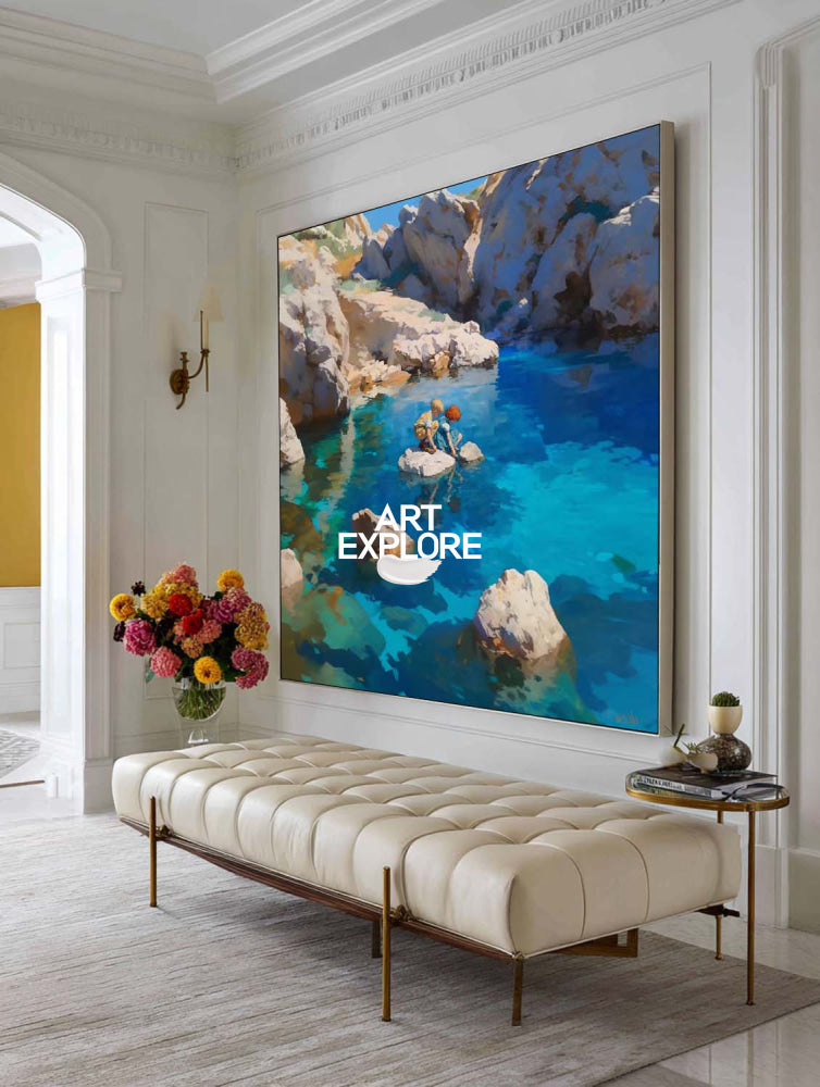 Abstract Turquoise Seascape Painting With Figures In Square Frame For Modern Home Decor
