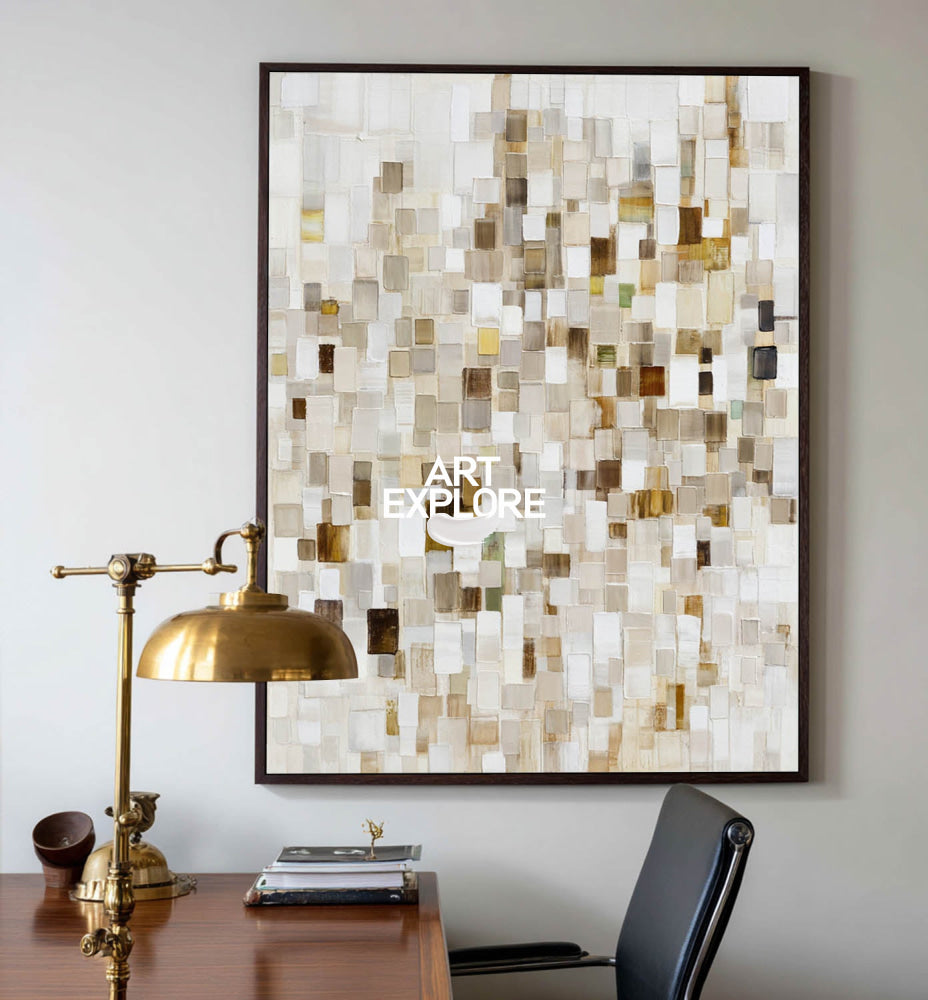 Modern Abstract Beige Painting With Mosaic Texture For Living Room Decor