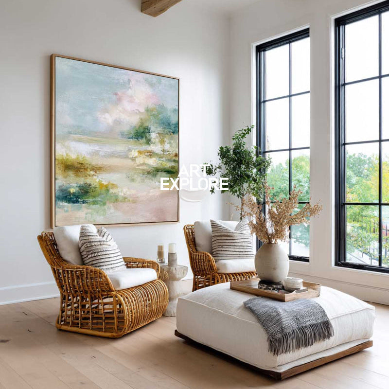 Abstract Estuary Landscape Painting With Soft Blues And Greens For Modern Home Decor