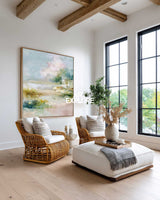 Abstract Estuary Landscape Painting With Soft Blues And Greens For Modern Home Decor