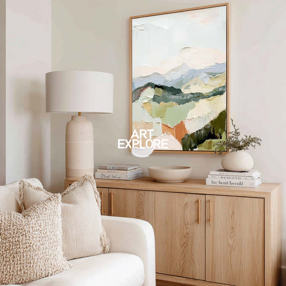 Modern Abstract Landscape Painting With Textured Hills For Living Room Decor