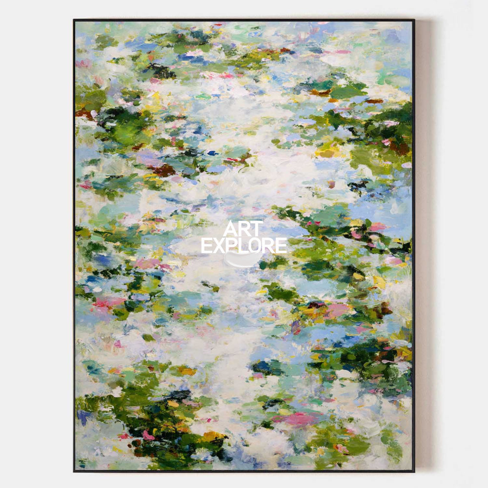 Original Botanical Abstract Art Green And White Floral Canvas For Bedroom