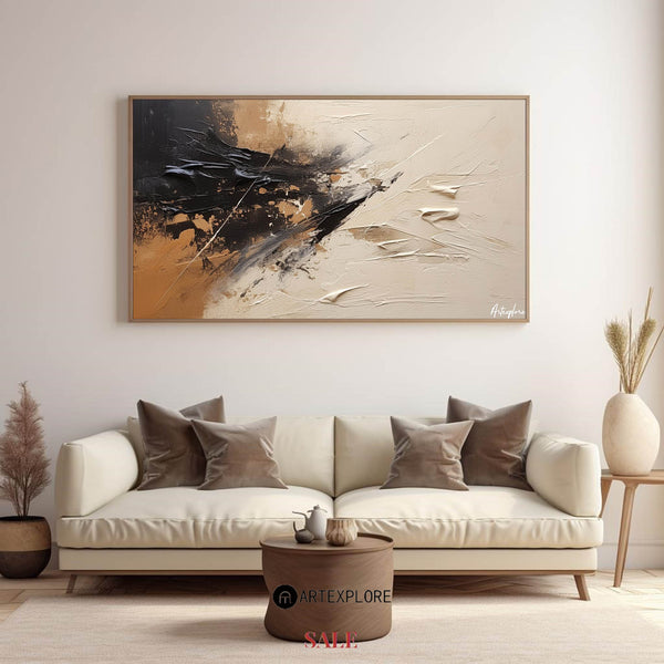 Large tan and beige abstract painting Japandi black beige wall art for livingroom