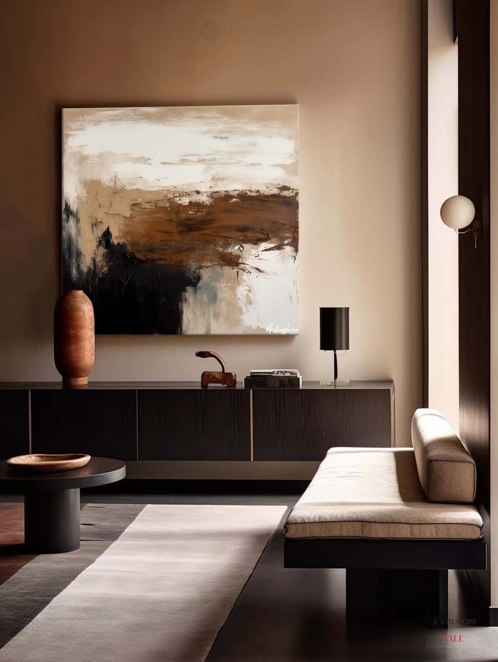 Large Black Brown Abstract Canvas Painting, Wabi Sabi Wall Art Black