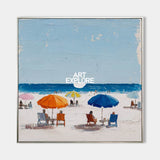 Vibrant Abstract Beach Painting With Orange Umbrellas For Modern Coastal Decor