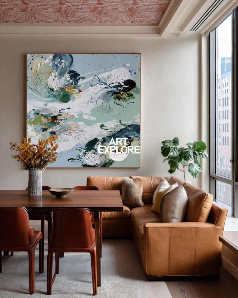 Abstract Green Botanical Oil Painting Original Art For Modern Living Room Decor