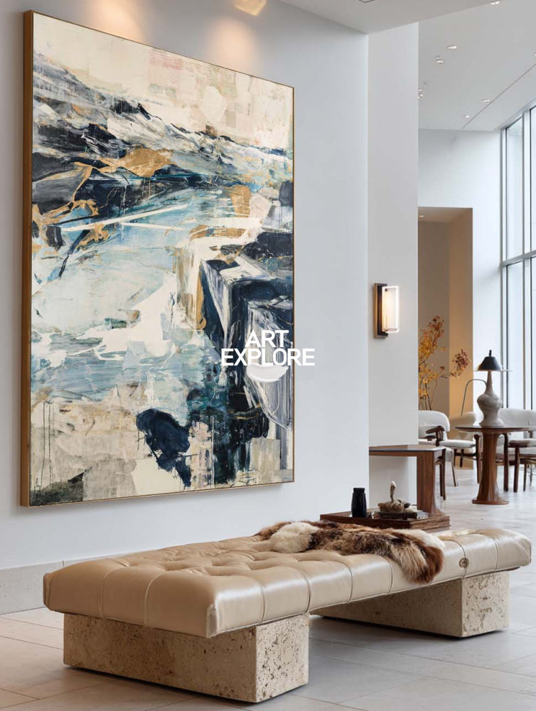 Contemporary Blue And Gold Abstract Art For Modern Living Room Decor