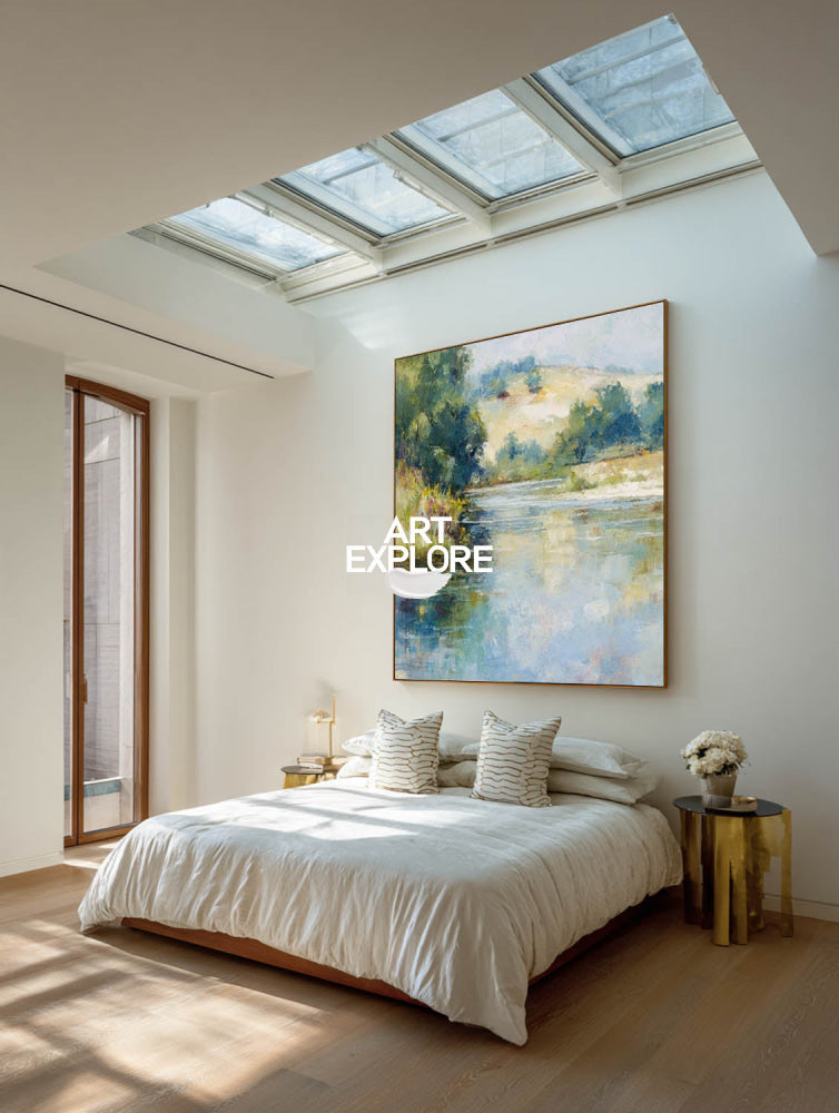 Serene Country River Art Print In Square Format With Soft Blue And Green Tones For Bedroom Wall