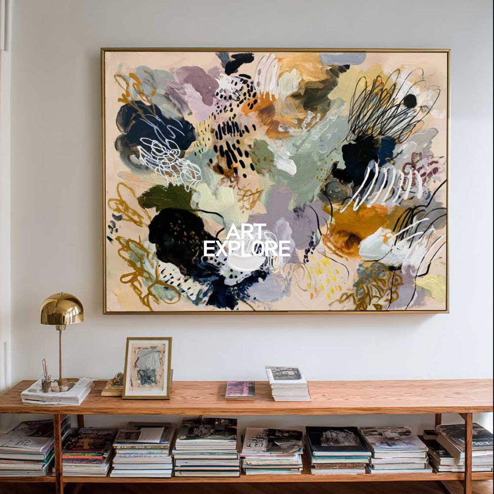 Large Multicolor Abstract Canvas Art With Neutral Beige Base For Living Room Wall
