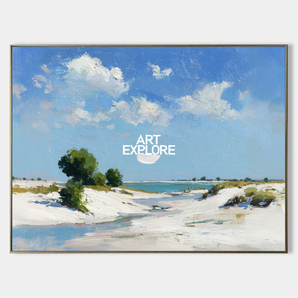 Original Azure Sky And Sand Dune Oil Art With Green Accents For Home Wall Decor