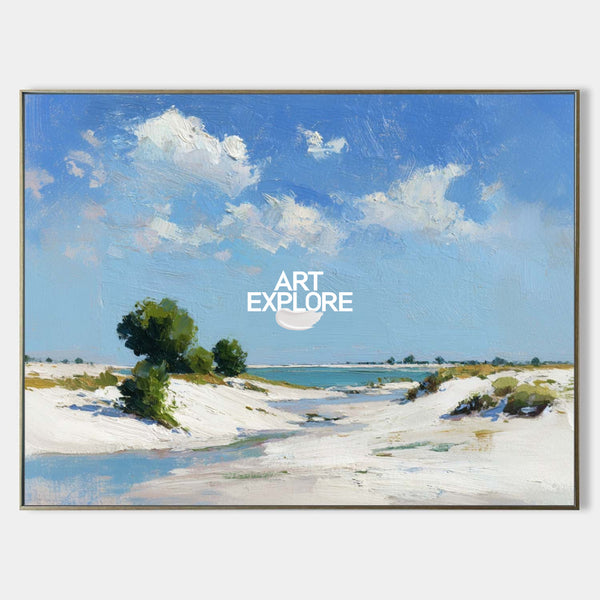 Original Azure Sky And Sand Dune Oil Art With Green Accents For