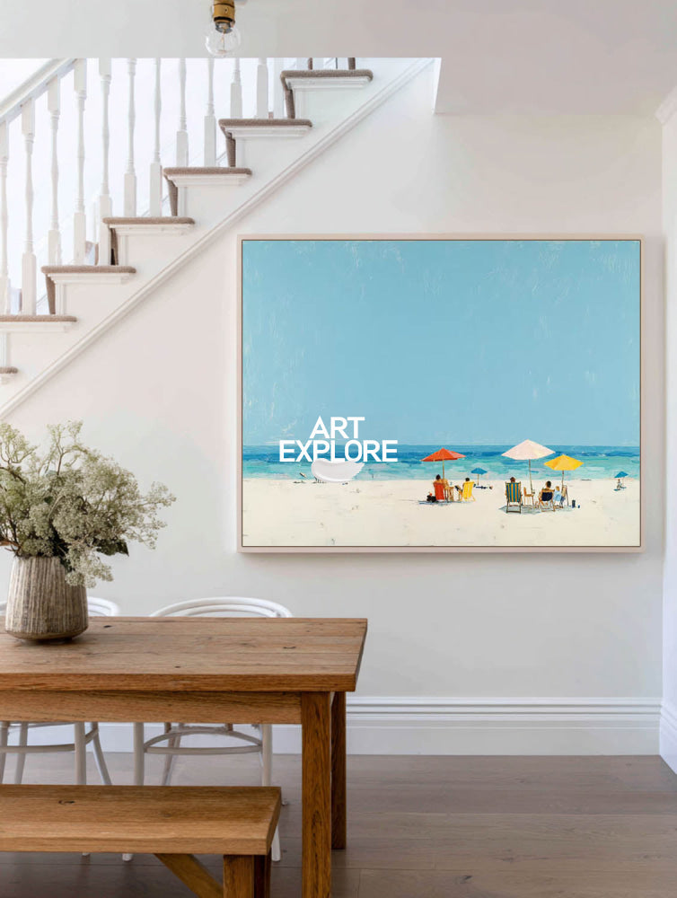 Abstract Beach Seascape Painting With Blue Sky And Umbrellas For Coastal Home Decor