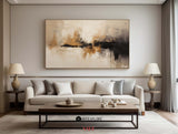 Large tan abstract painting, black beige canvas paintings, soft brush strokes painting for sale
