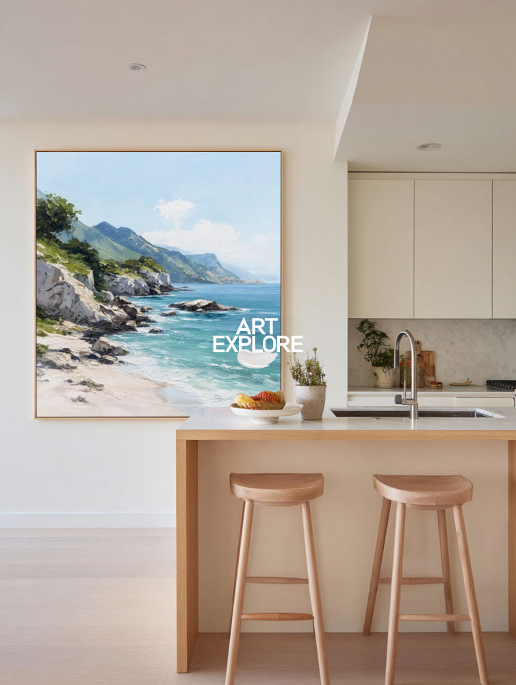Modern Coastal Landscape Painting With Mountains And Sea For Living Room Decor